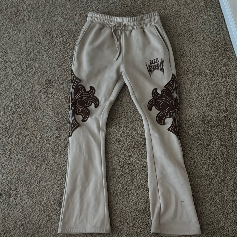 Cream and Brown Joggers with Elastic Waistband and Decorative Patches